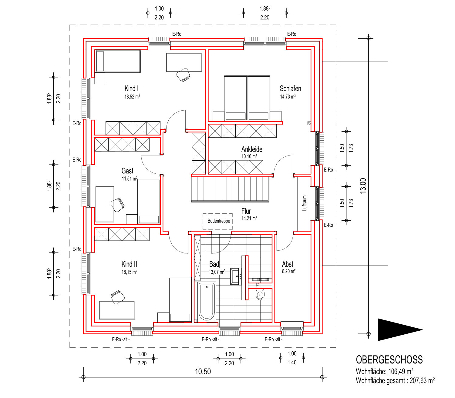 Grundriss des Obergeschosses mit Schlafzimmer, Ankleide, Kinderzimmer, Gast, Bad, Flur.