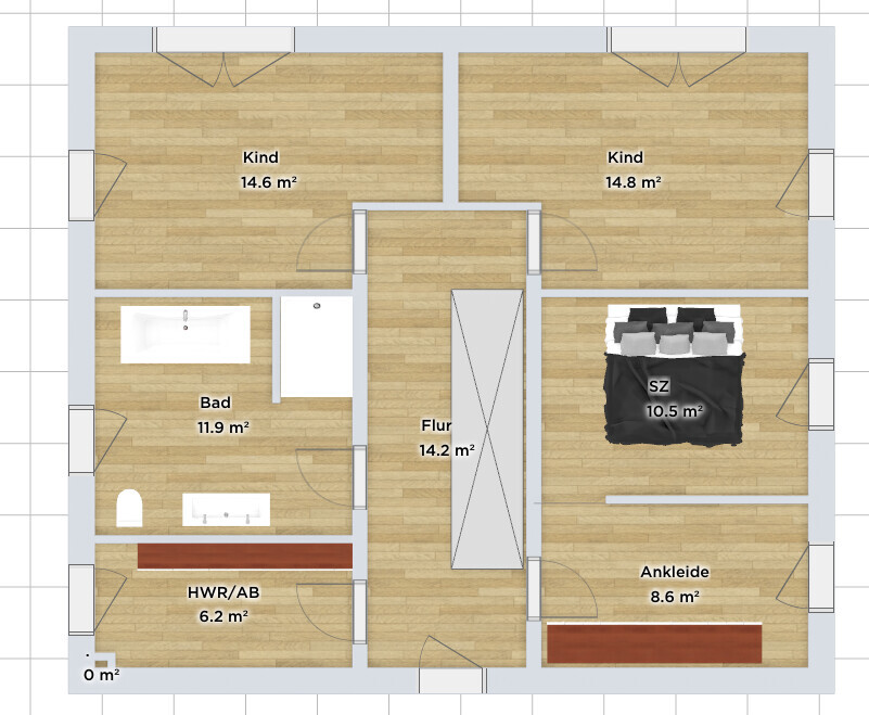 Grundriss: Zentraler Flur; links Bad und HWR; zwei Kindzimmer; rechts Schlafzimmer mit Ankleide.