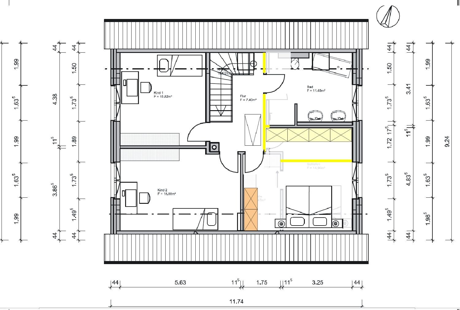 Dachgeschoss-Grundriss mit Flur, Bad, Schlafzimmer, zwei Kinderzimmer, Treppe