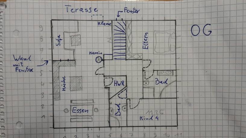 OG-Grundriss: Terrasse oben, Sofa, Küche, Essen, Kamin, HWR, Bad, Kind 4, Treppe