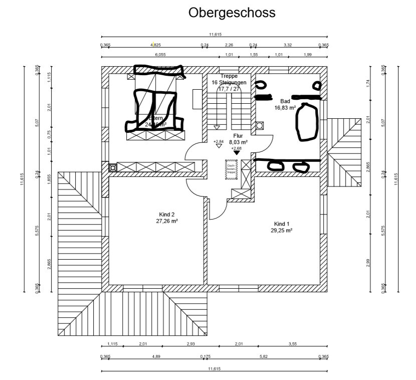 Obergeschoss: Grundriss mit Flur, Treppe, Bad und zwei Kinderzimmern.