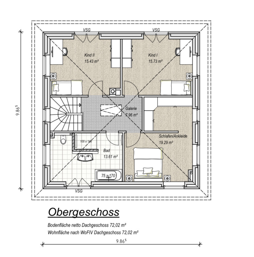 Obergeschoss Grundriss: Kind I, Kind II, Schlafen/Ankleide, Bad, Galerie.