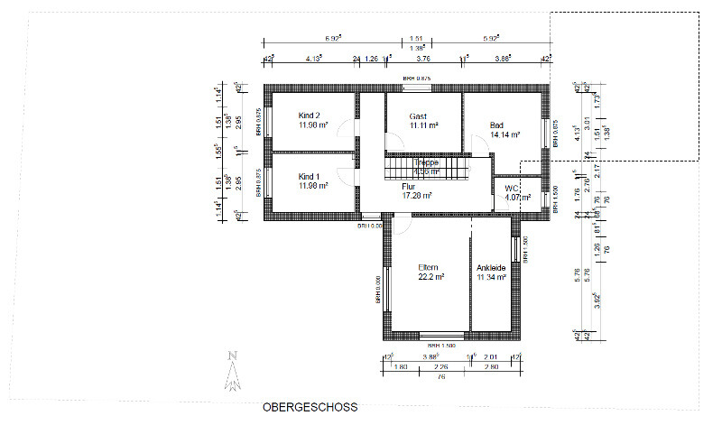 Grundriss Obergeschoss: Elternzimmer, Ankleide, Kind 1, Kind 2, Gast, Bad, WC, Flur