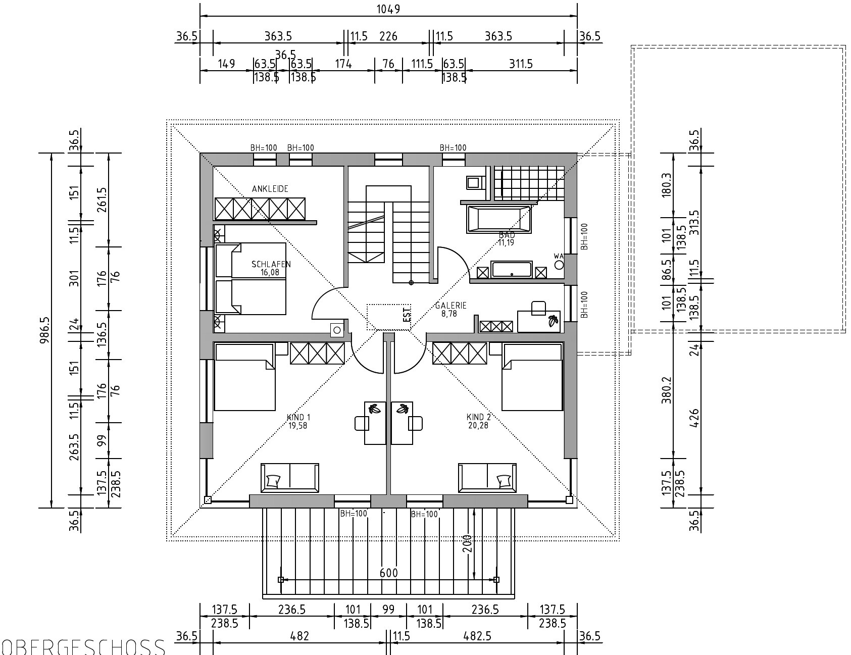 Grundriss Obergeschoss: Schlafzimmer, Ankleide, 2 Kinderzimmer, Galerie, Bad, Treppe.