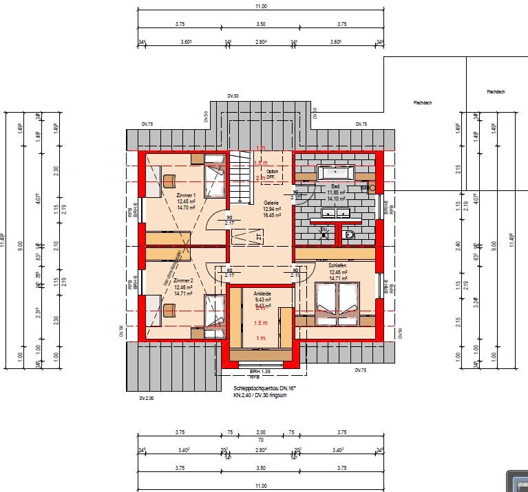 Obergeschoss-Grundriss mit Schlafzimmer, Zimmern, Ankleide und Bad, farbig markiert