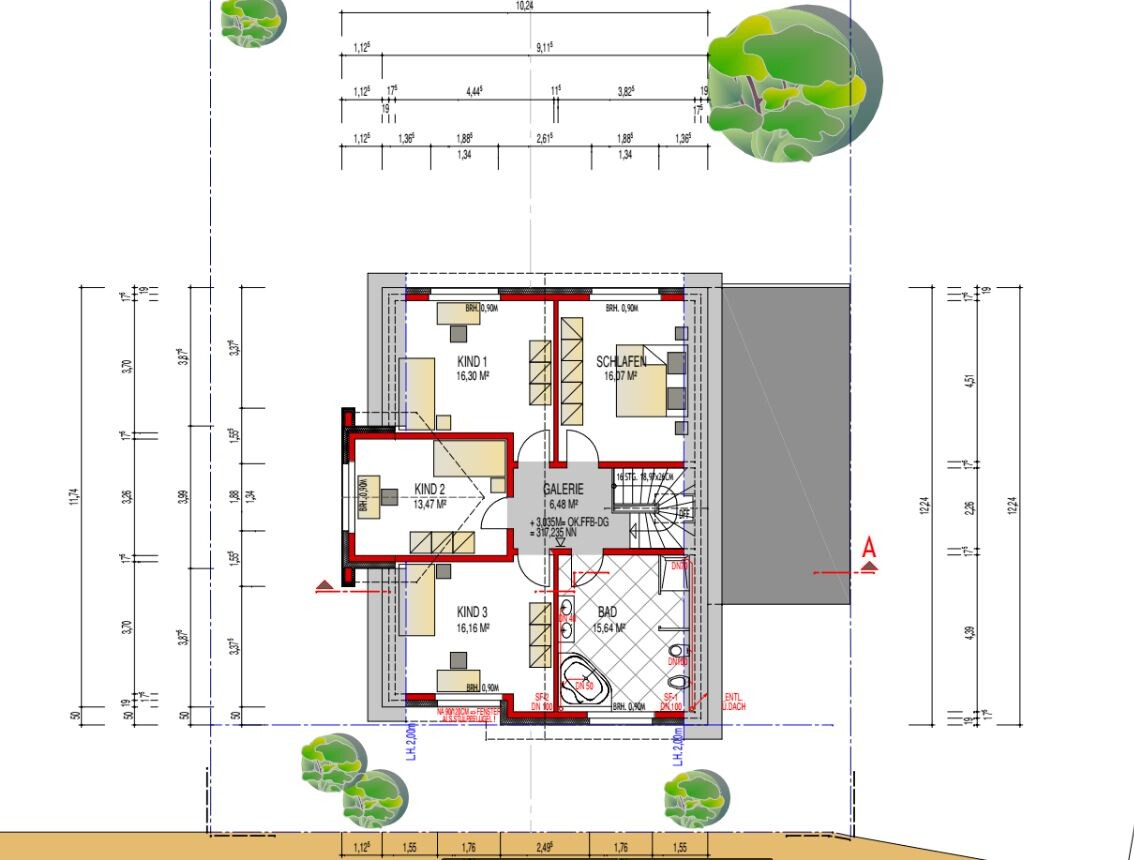 Grundriss-Dachgeschoss: 3 Kinderzimmer, Schlafzimmer, Bad, Galerie; Maßangaben sichtbar.