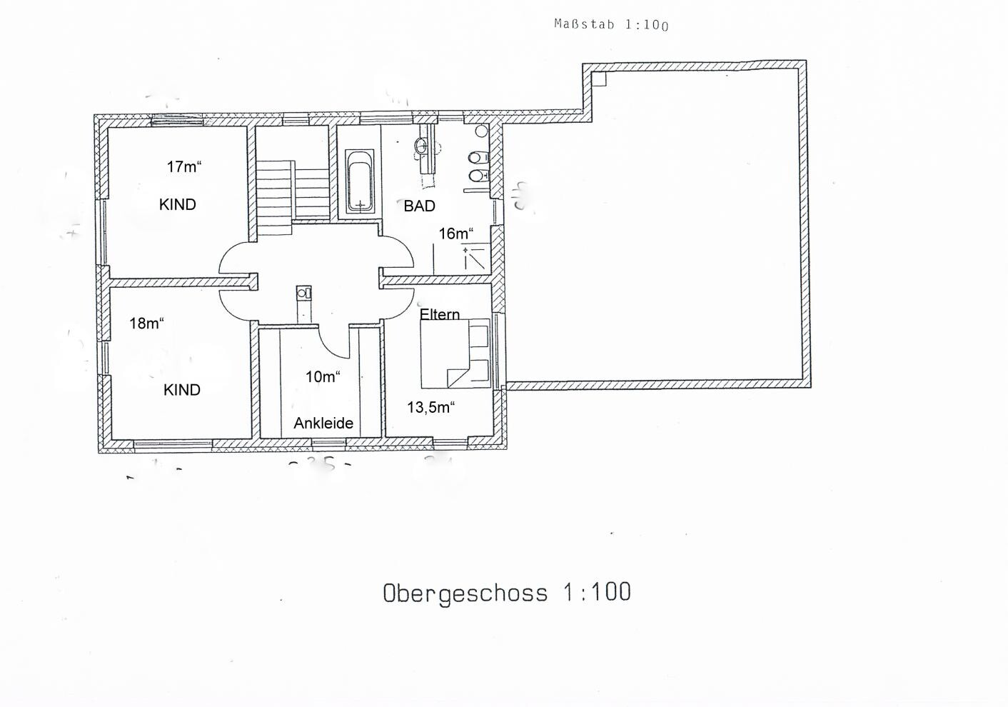 Obergeschoss Grundriss eines Hauses mit Schlafzimmer, Ankleide, Bad und Kinderräumen