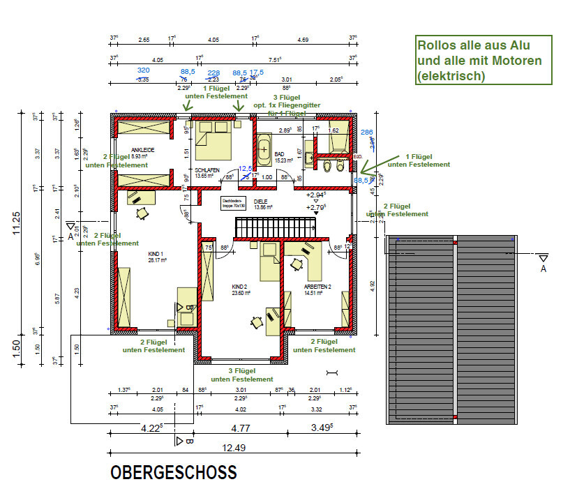 Grundriss Obergeschoss: Schlafzimmer, Ankleide, Kind 1, Kind 2, Arbeitszimmer, Diele, Bad.