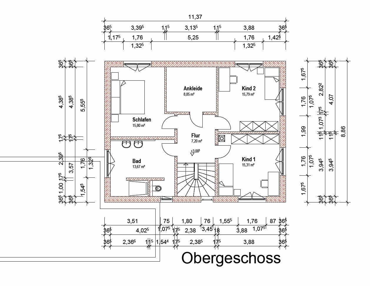 Obergeschoss: Grundriss mit Schlafen, Bad, Flur, Ankleide, Kind 1, Kind 2