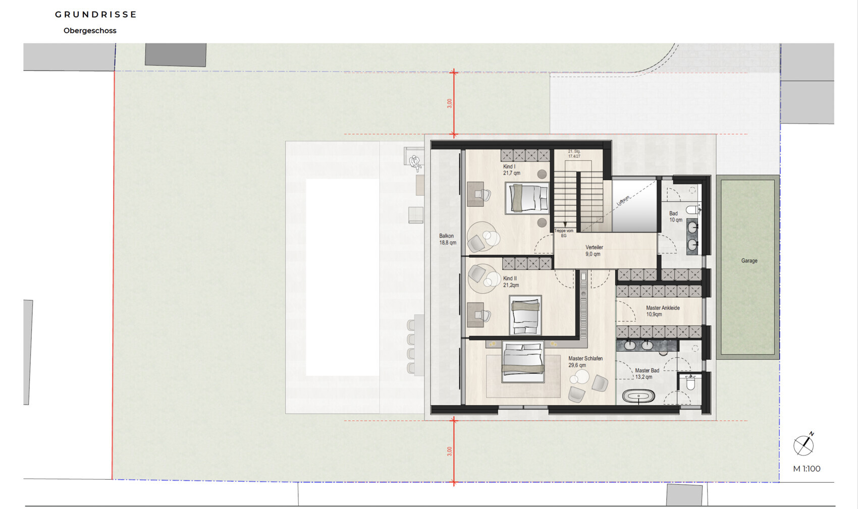 Obergeschoss-Grundriss eines Hauses mit Schlafzimmern Balkon Terrasse und Garage