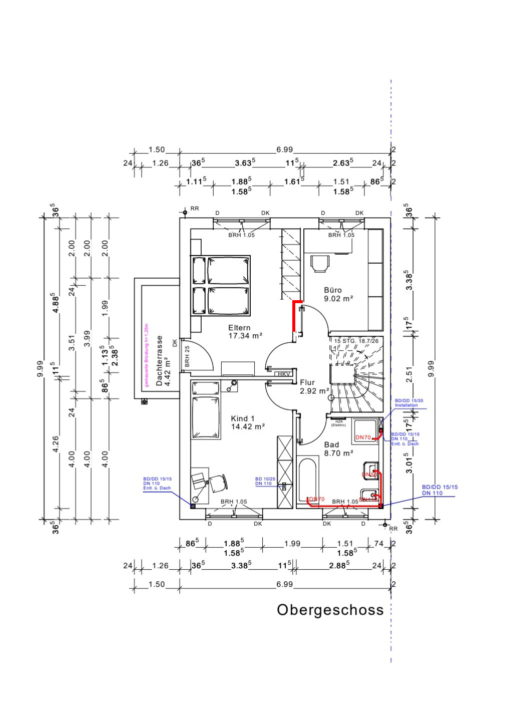 Grundriss Obergeschoss: Zimmer Eltern, Kind 1, Büro, Flur, Bad, Dachterrasse.