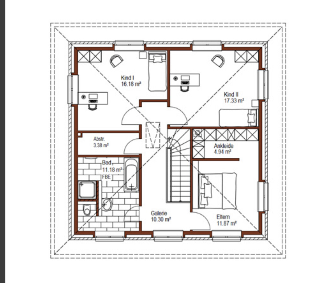 Grundriss Obergeschoss: Elternschlafzimmer, zwei Kinderzimmer, Bad, Ankleide, Galerie, Abstellraum.