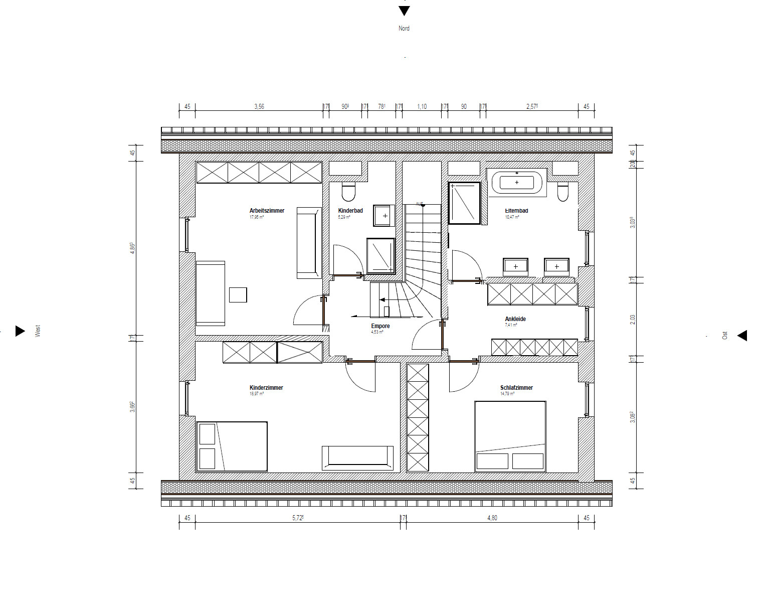Grundriss DG: Treppenaufgang, Arbeitszimmer, Kinderzimmer, Schlafzimmer, Ankleide, Bäder.
