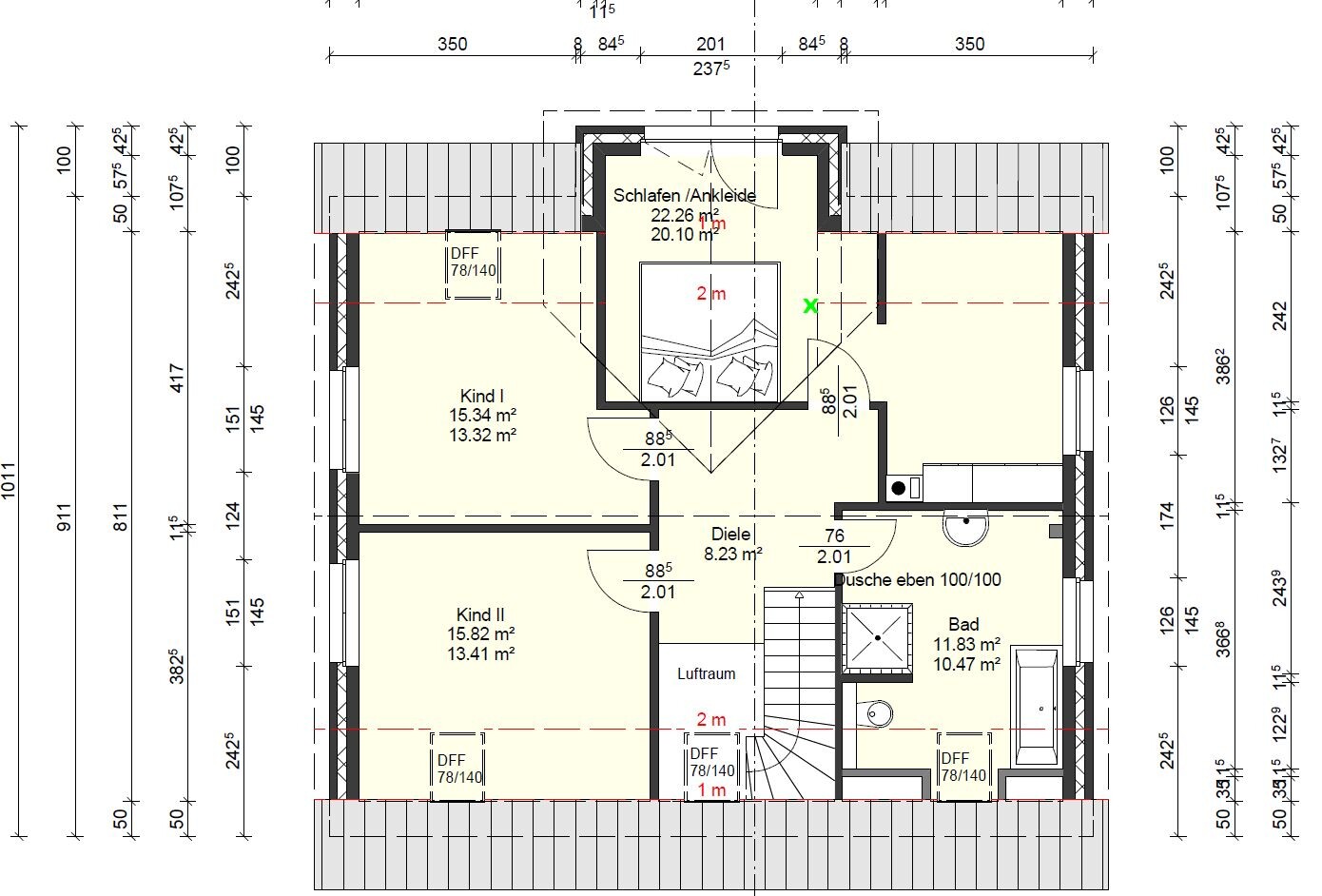 Grundriss Dachgeschoss: Schlafen/Ankleide, 2 Kinderzimmer, Diele, Bad, Dusche, Treppenaufgang