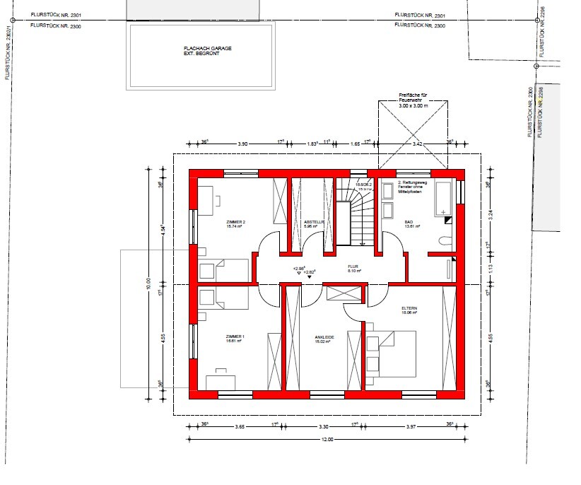 Grundriss eines Hauses: roter Umriss der Außenwände, Zimmer, Ankleide, Bad, Flur.