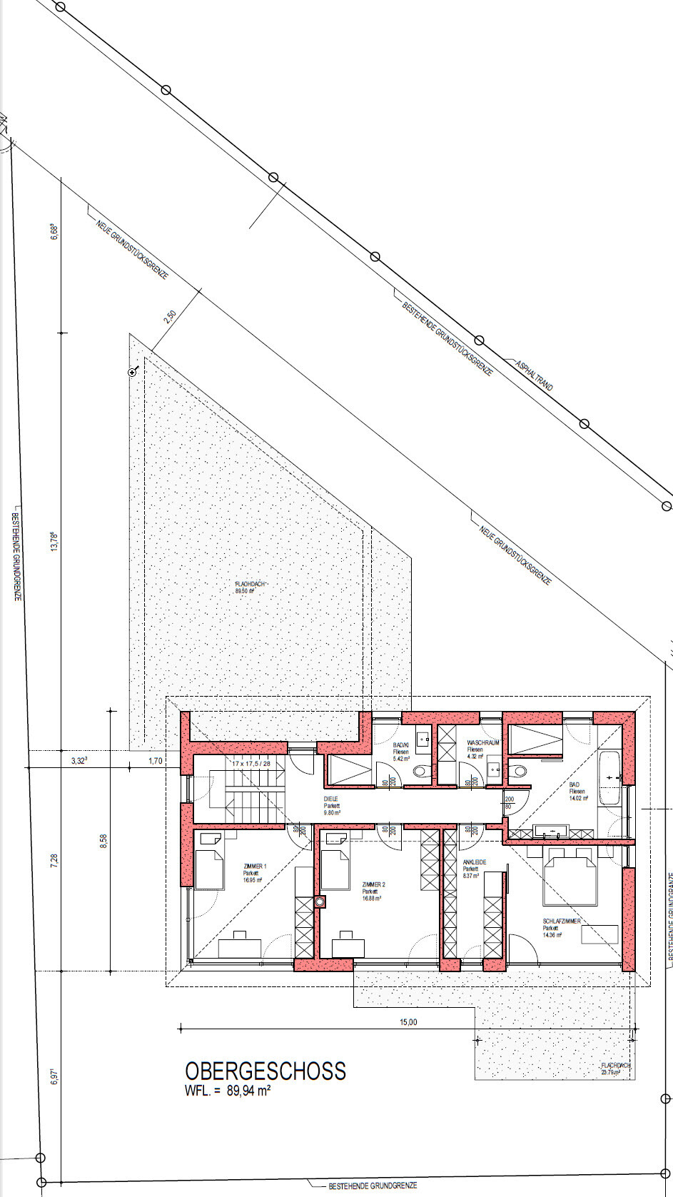 Grundriss Obergeschoss eines Hauses mit Zimmern, Diele, Bad; WFL 89,94 m²