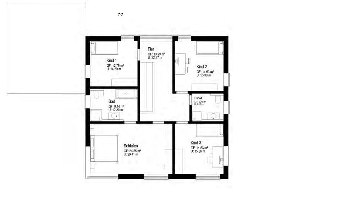 Grundriss des Obergeschosses mit Schlafzimmer, Bad, Flur, drei Kinderzimmern und Dusche/WC.