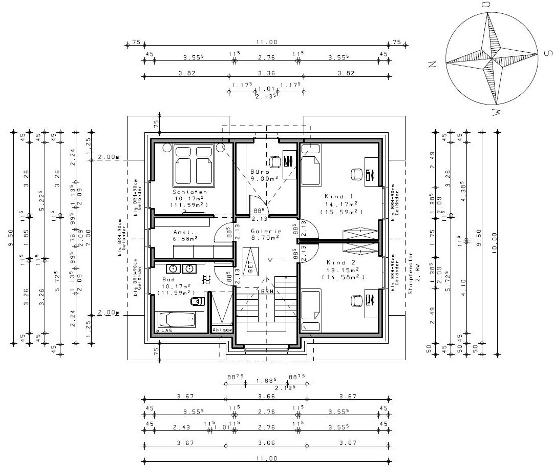 Grundriss eines Hauses mit Schlafzimmer, Büro, zwei Kinderzimmer, Bad und Treppe.