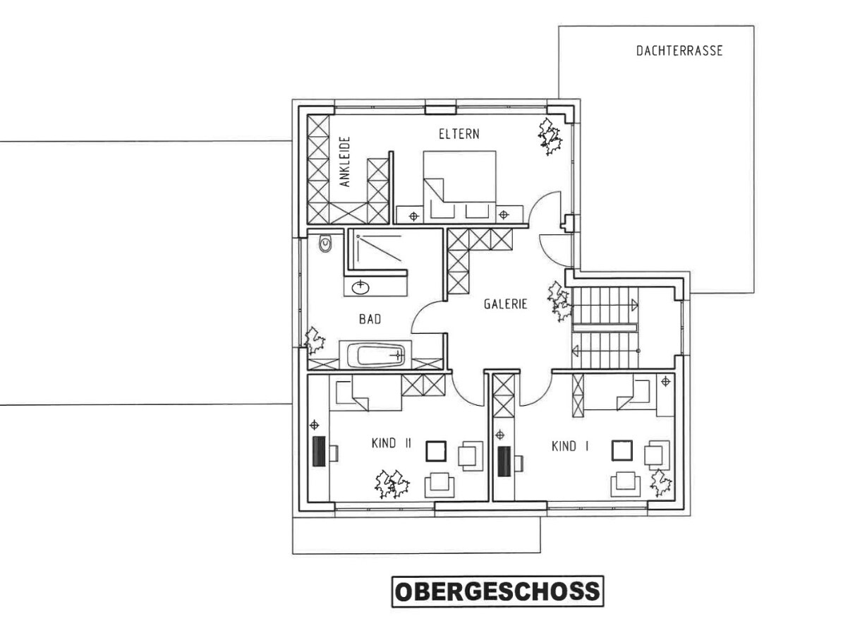 Grundriss Obergeschoss: Elternzimmer, 2 Kinderzimmer, Bad, Galerie, Ankleide, Dachterrasse
