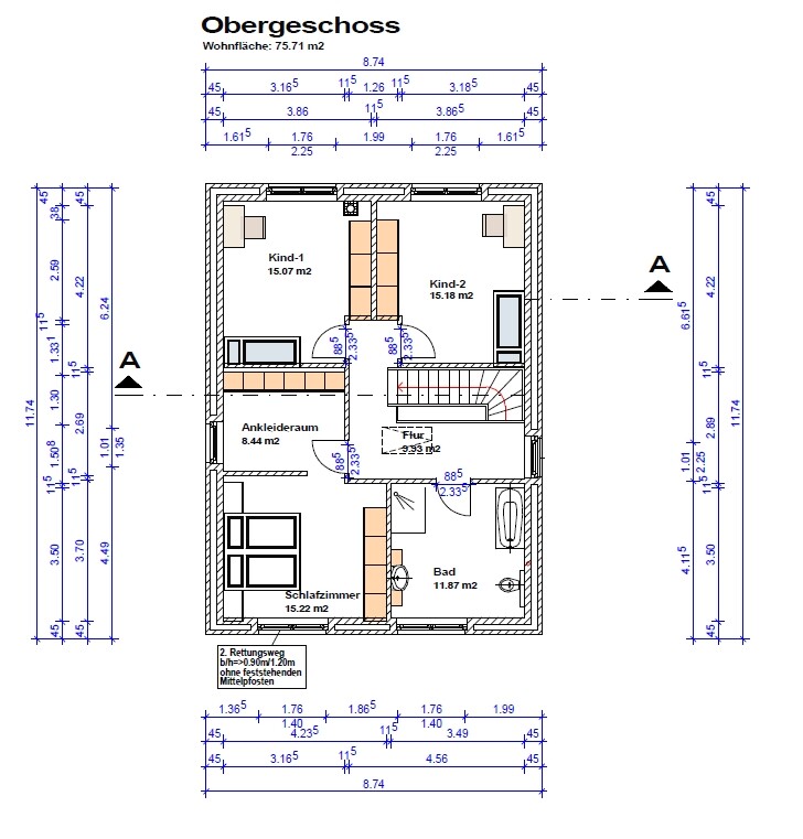 Grundriss Obergeschoss: zwei Kinderzimmer, Schlafzimmer, Bad, Flur, Ankleideraum, Treppenbereich.
