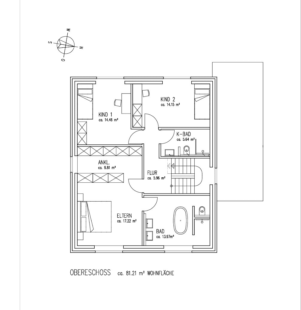Grundriss Obergeschoss: zwei Kinderzimmer, Elternzimmer, Flur, Bad.