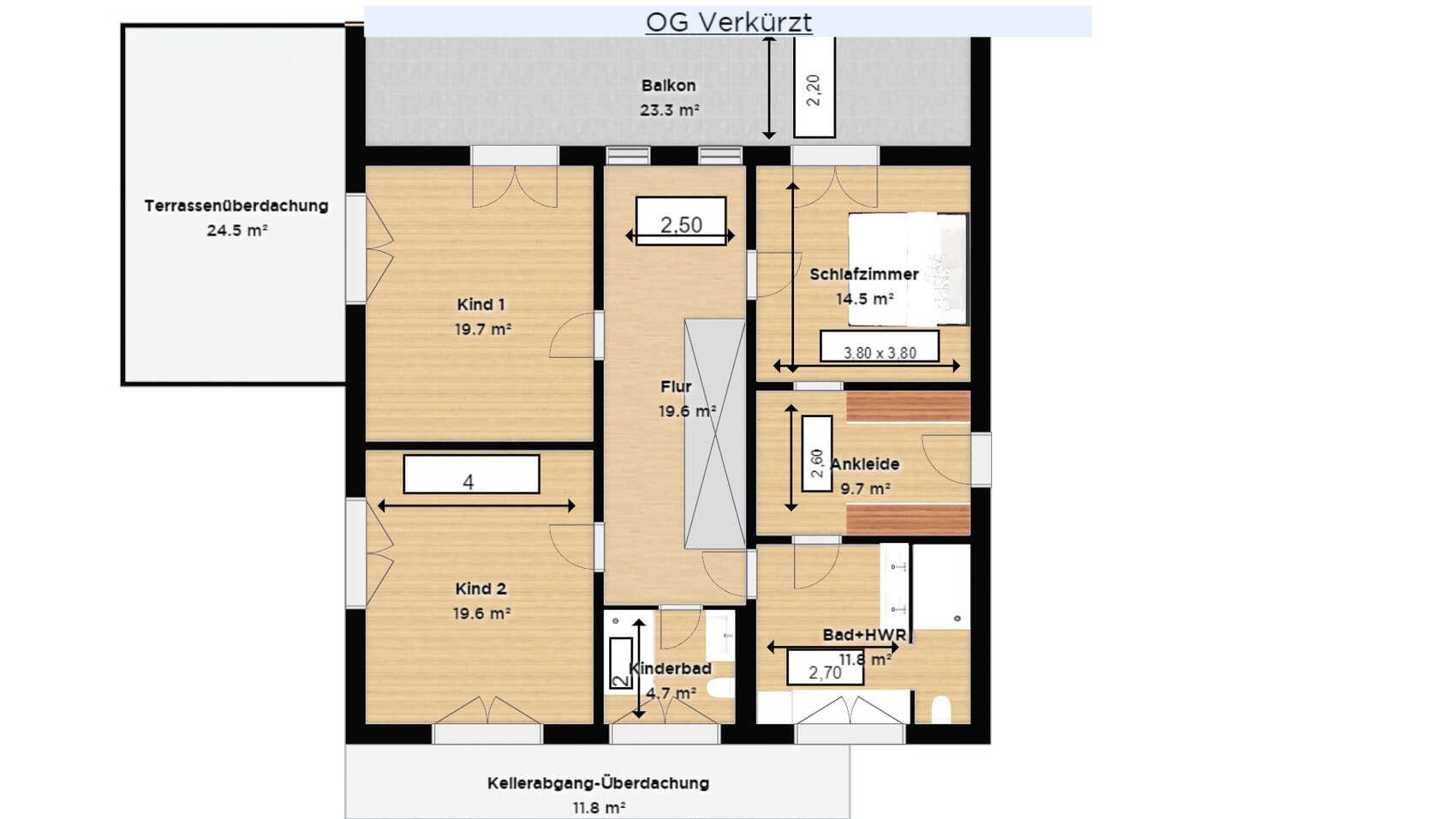 Grundriss Obergeschoss: Flur, Schlafzimmer, 2 Kinderzimmer, Ankleide, Bad, Balkon.