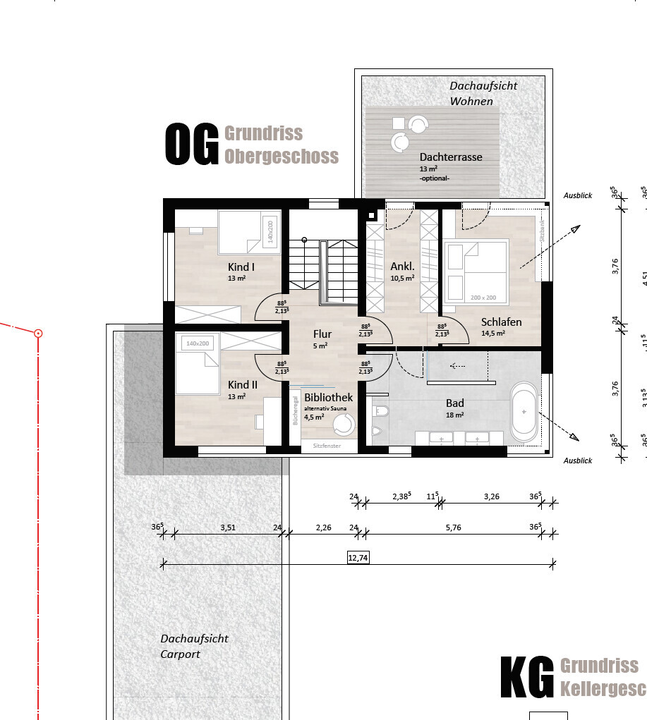 Grundriss OG: Schlafzimmer, 2 Kinderzimmer, Flur, Bad, Bibliothek, Ankleide, Dachterrasse.