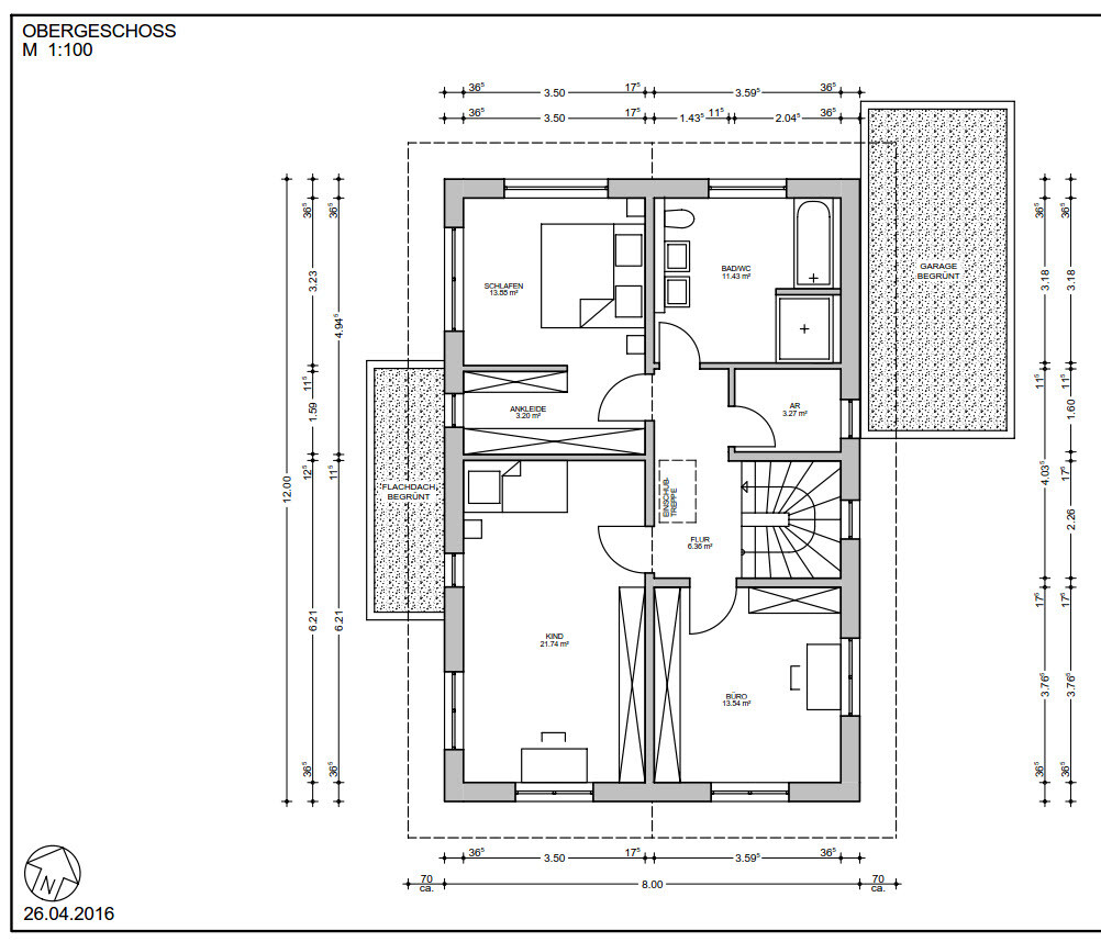 Grundriss des Obergeschosses: Schlafzimmer, Kinderzimmer, Büro, Ankleide, Flur, Bad/WC, Treppe.