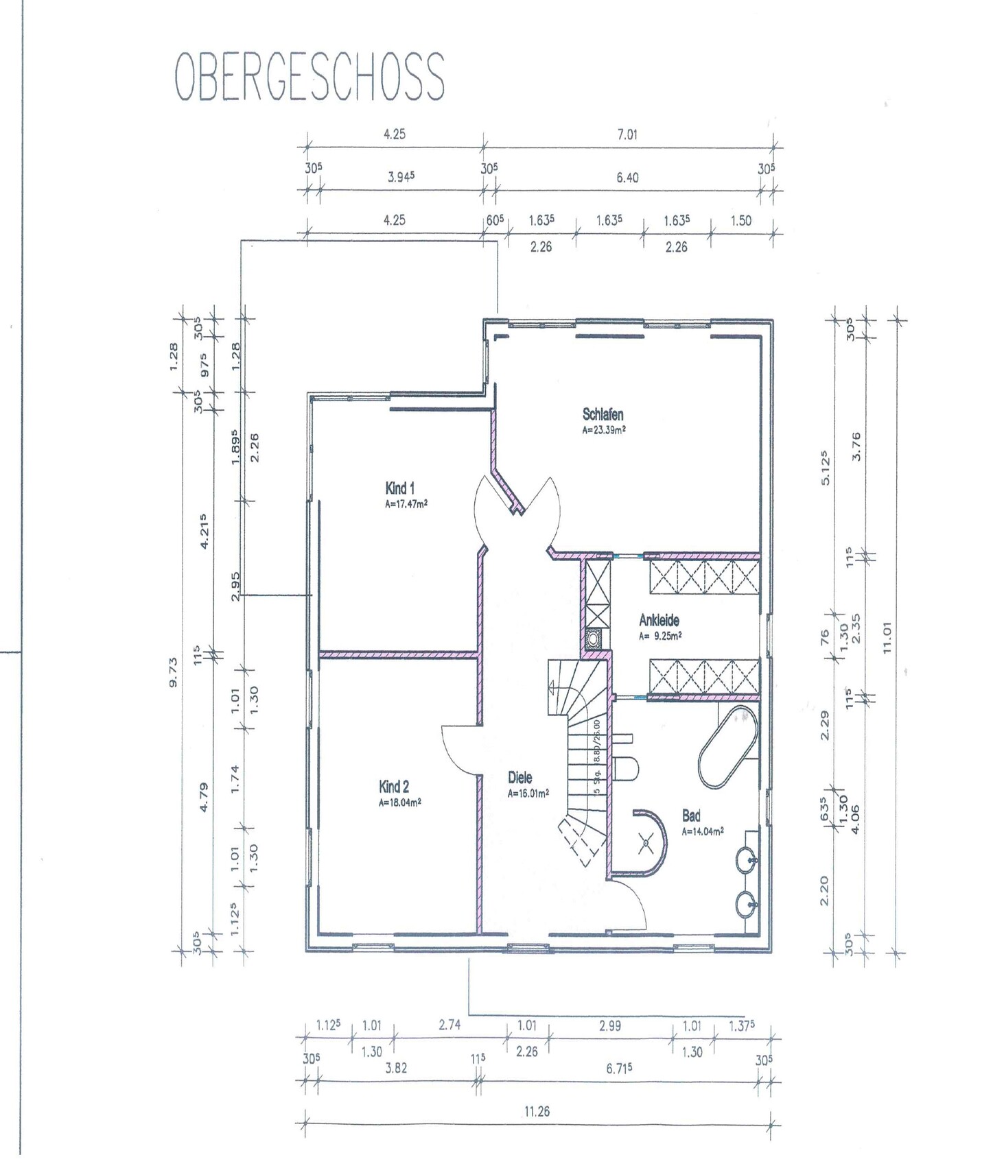 Obergeschoss-Grundriss mit Schlafzimmer, Kinderzimmer, Ankleide, Diele und Bad in einem Haus