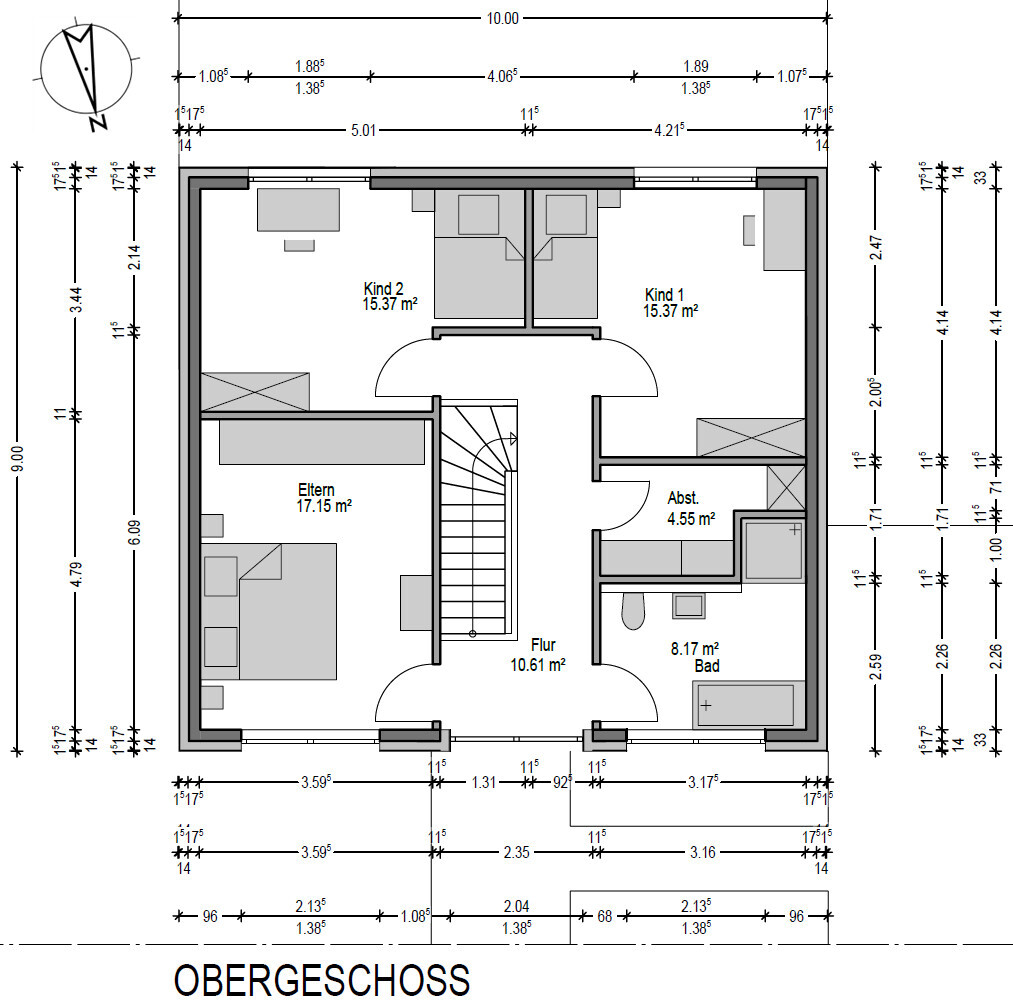 Grundriss Obergeschoss: Elternzimmer, Kind 1- und Kind 2-Schlafzimmer, Bad, Flur, Abstellraum, Treppe