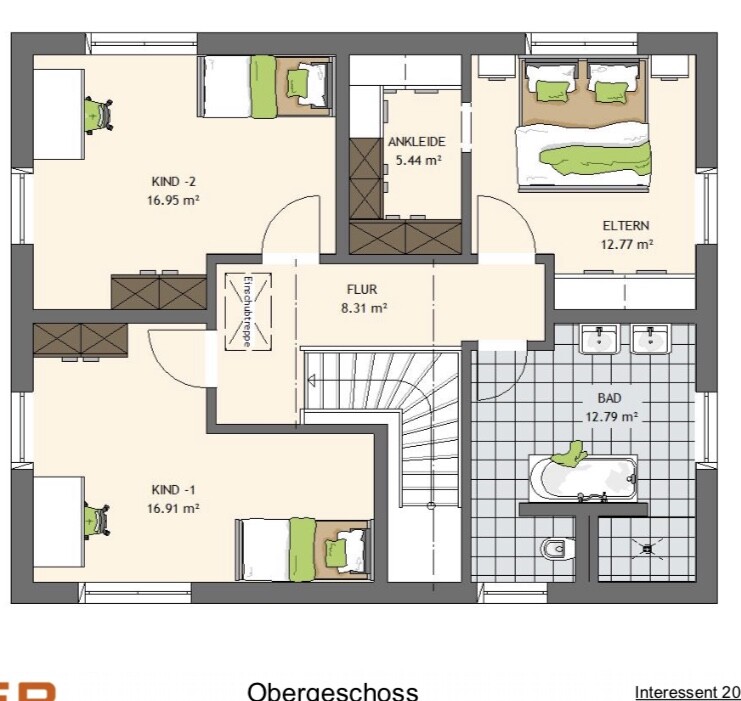 Grundriss Obergeschoss: Schlafzimmer Eltern, Kind-1, Kind-2; Bad, Flur, Ankleide.