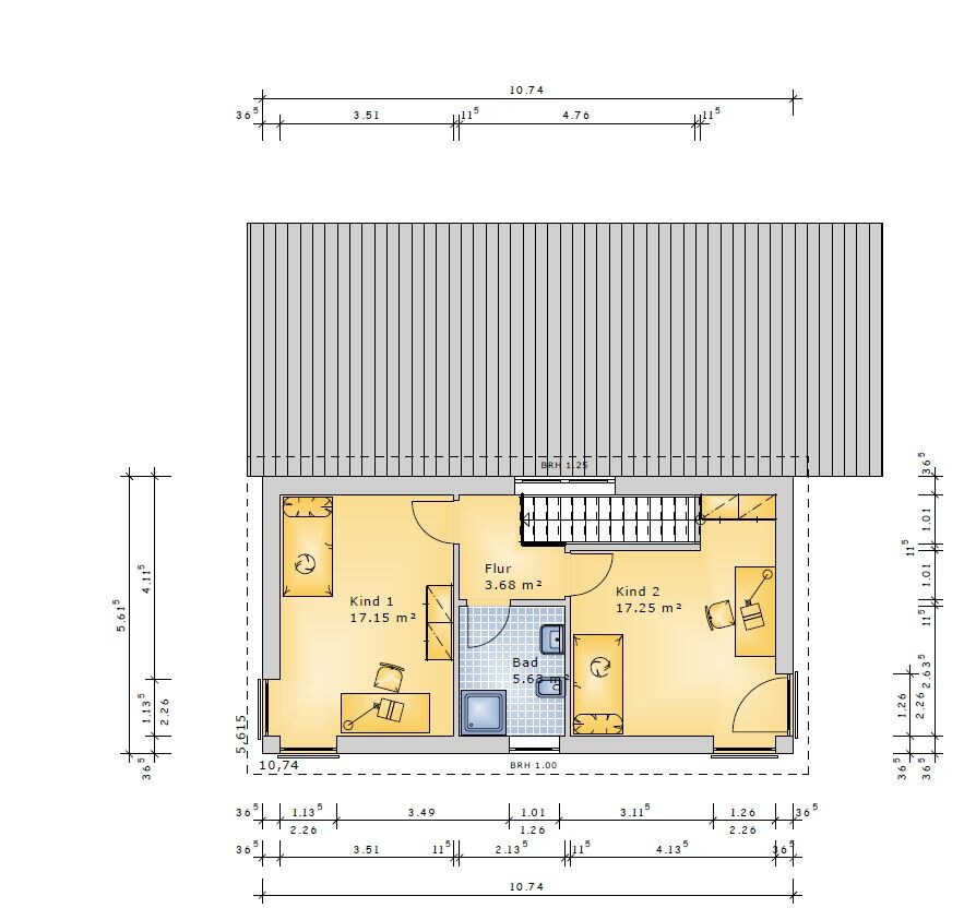Dachgeschoss-Grundriss: zwei Kinderzimmer, Flur, Bad, Treppe.