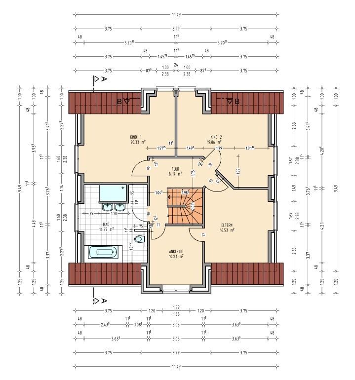 Grundriss Obergeschoss: zwei Kinderzimmer, Elternschlafzimmer, Ankleide, Flur, Bad und Treppenaufgang.