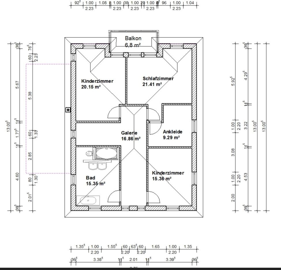 Grundriss eines Obergeschosses mit Schlafzimmer, Kinderzimmer, Bad, Ankleide, Galerie und Balkon