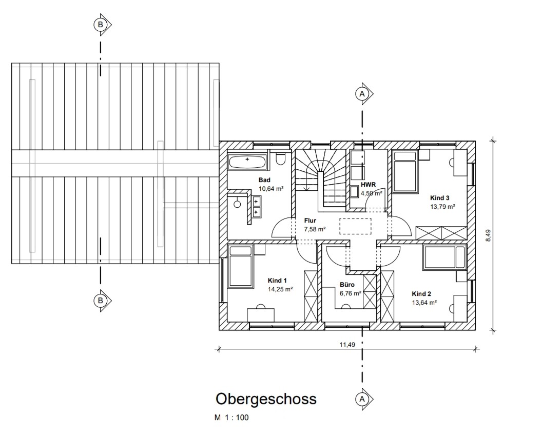 Obergeschoss eines Hauses mit Flur, Bad, HWR und drei Kinderzimmern sowie Büro, Grundrissplan