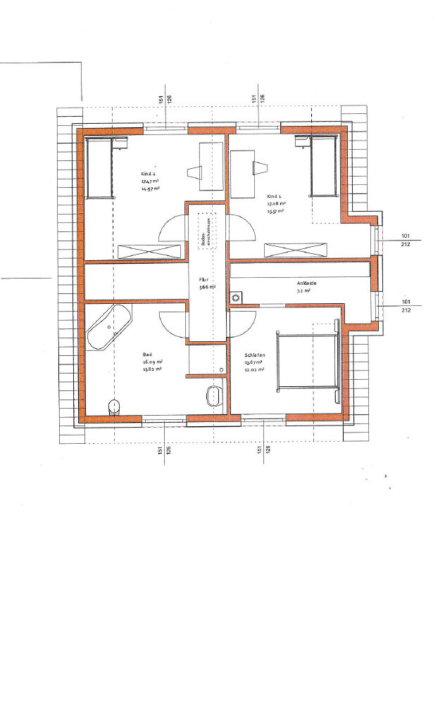 Grundriss des Obergeschosses: zwei Kinderzimmer, Bad, Schlafen, Ankleide, Flur