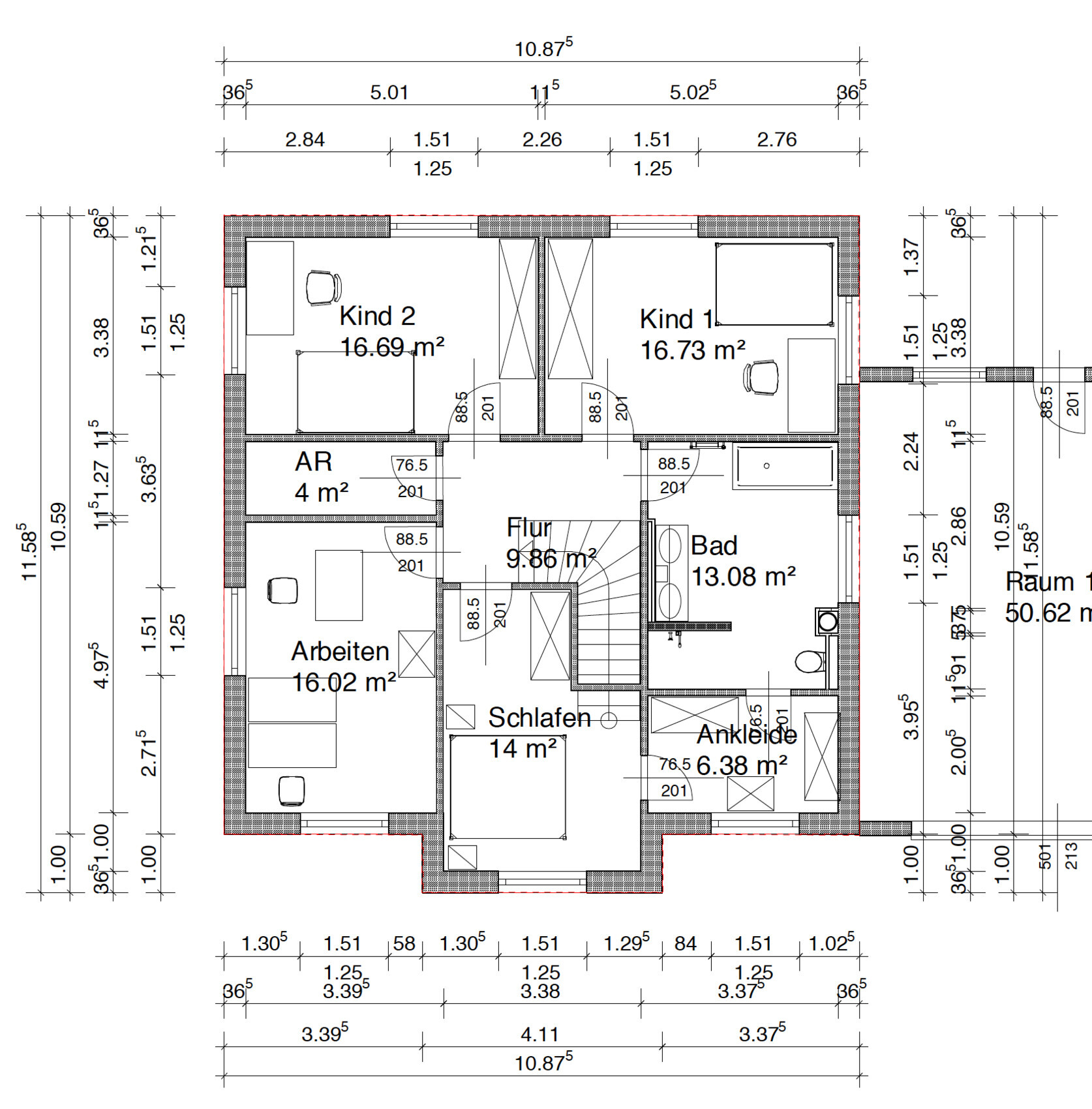 Grundriss eines Hauses: zwei Kinderzimmer, Schlafen, Bad, Flur, Arbeiten, Ankleide, Abstellraum