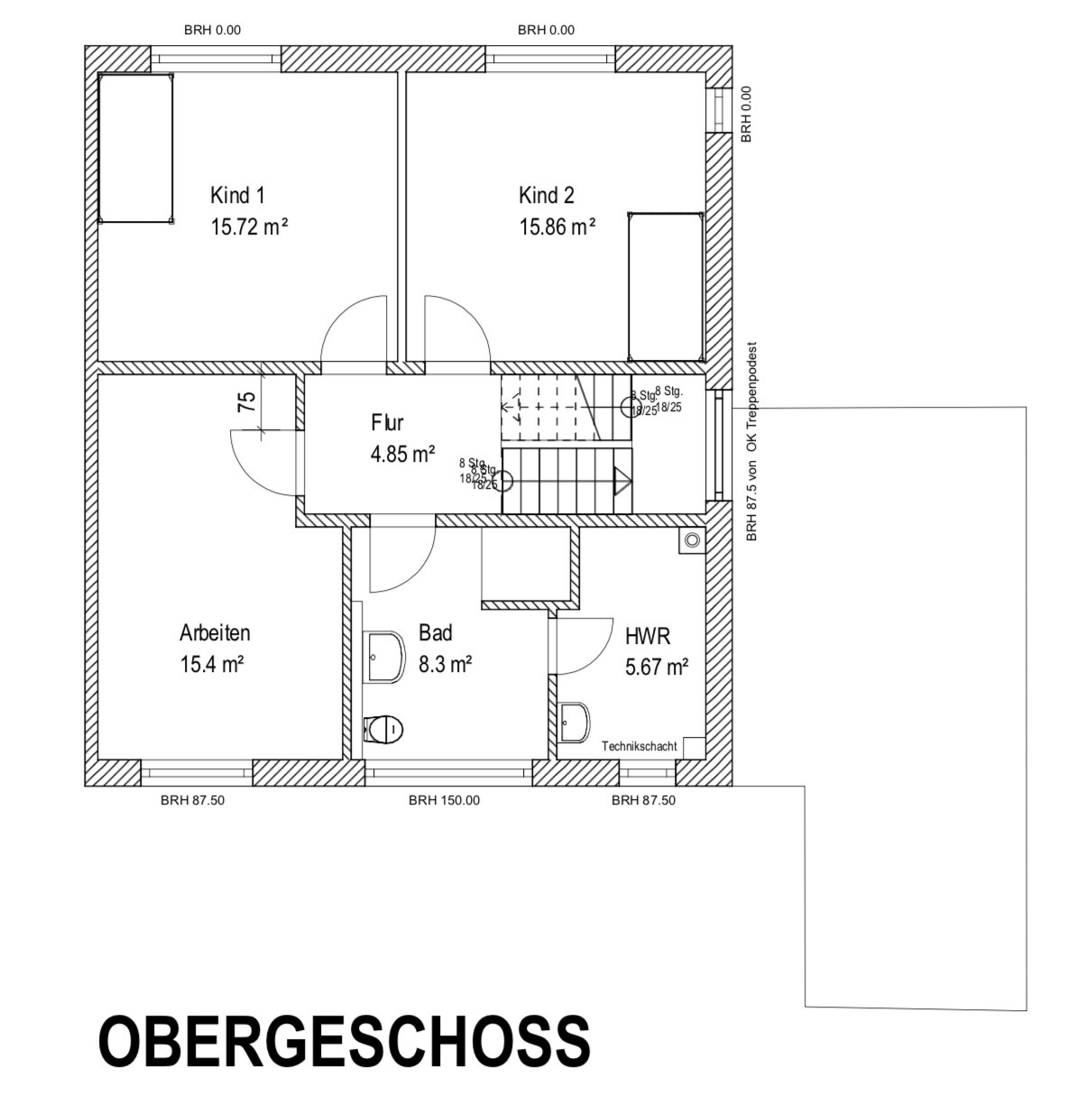 Grundriss des Obergeschosses mit zwei Kinderzimmern, Arbeiten, Flur, Bad, HWR.