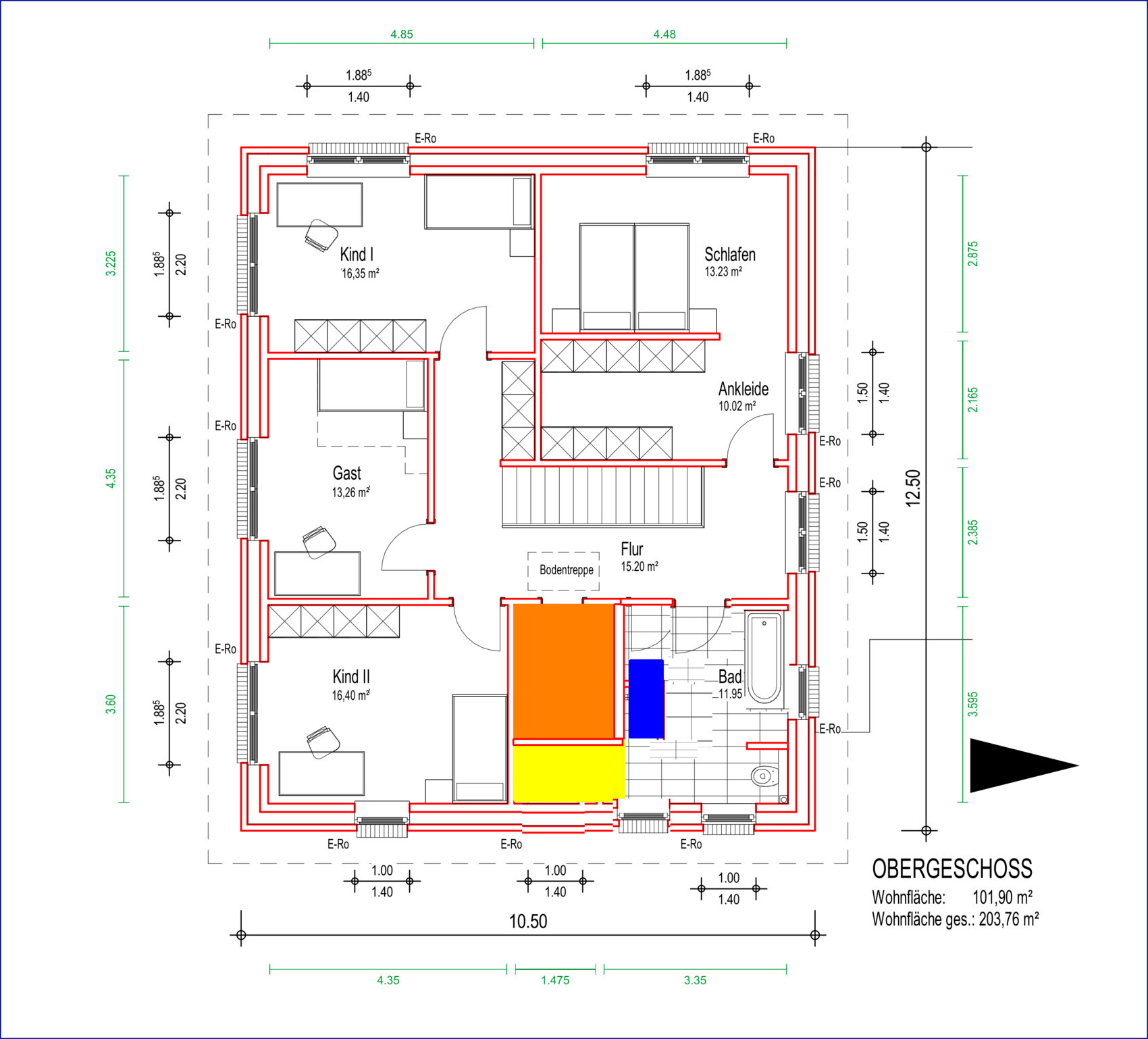 Grundriss des Obergeschosses mit Schlafzimmer, Kind I/II, Gast, Ankleide, Bad, Flur; farbige Möbel.