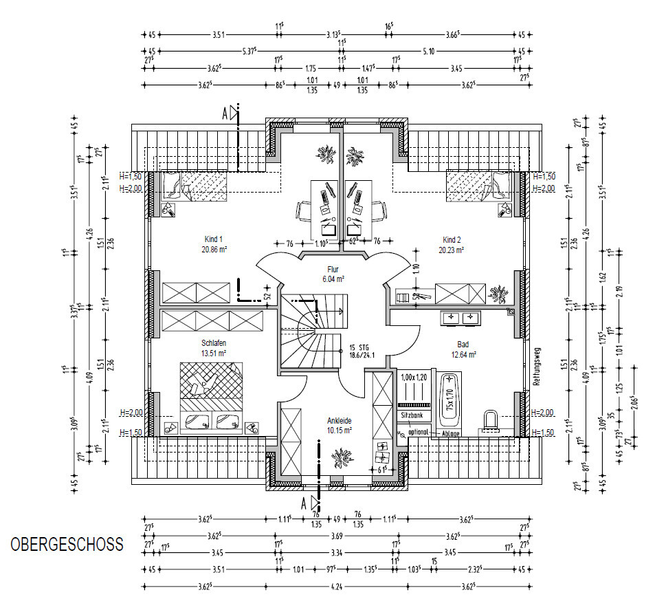 Grundriss des Obergeschosses mit Flur, Bad, Schlafzimmer, Kinderzimmer, Ankleide und Treppenhaus.