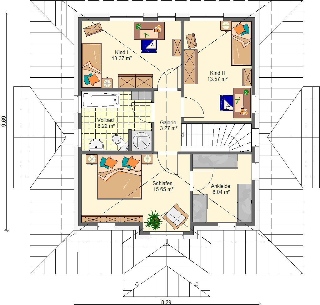 Grundriss eines Dachgeschosses mit Schlafzimmer, Ankleide, Bad, Galerie und zwei Kinderzimmern