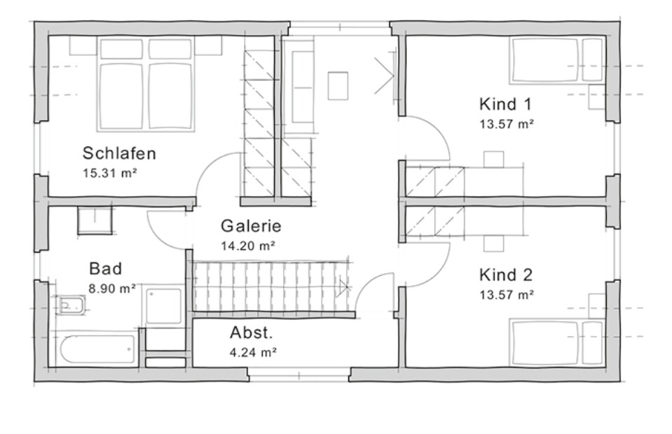 Grundriss eines Obergeschosses: Schlafzimmer, Bad, Galerie, Abstellraum, zwei Kinderzimmer