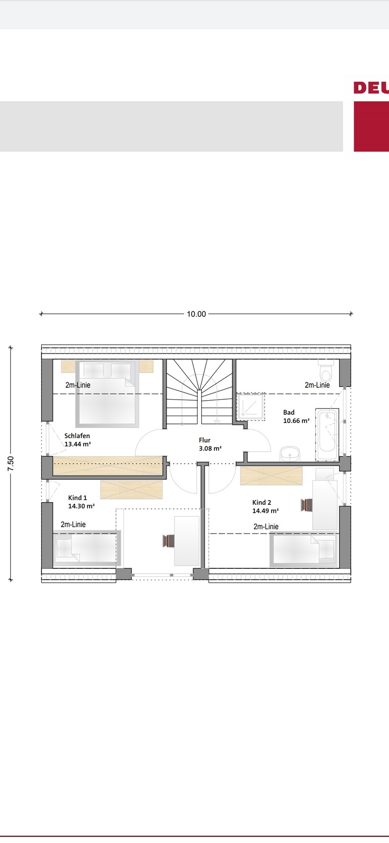 Grundriss eines Obergeschosses mit Treppenaufgang, Schlafen, zwei Kinderzimmer, Bad und Flur.