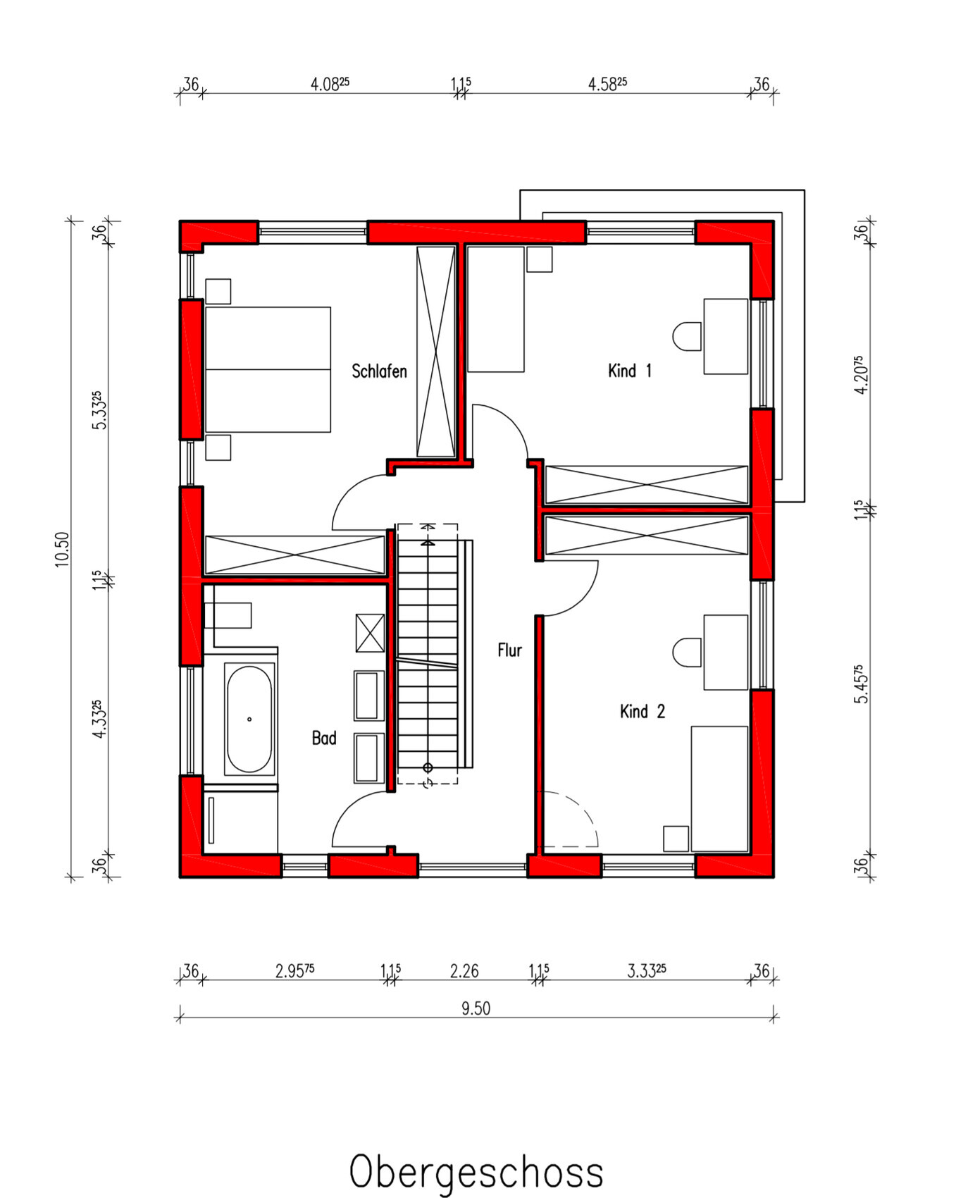 Grundriss Obergeschoss: Schlafzimmer, Kind 1, Kind 2, Bad und Flur, Treppenhaus.