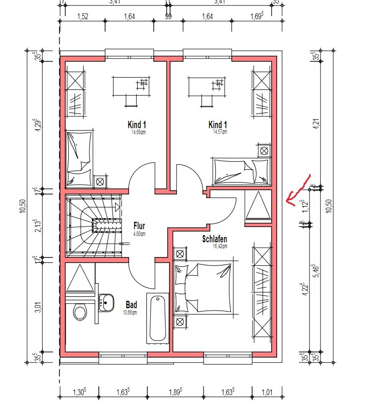 Grundriss des Obergeschosses: zwei Kinderzimmer, Schlafen, Bad, Flur und Treppenhaus.