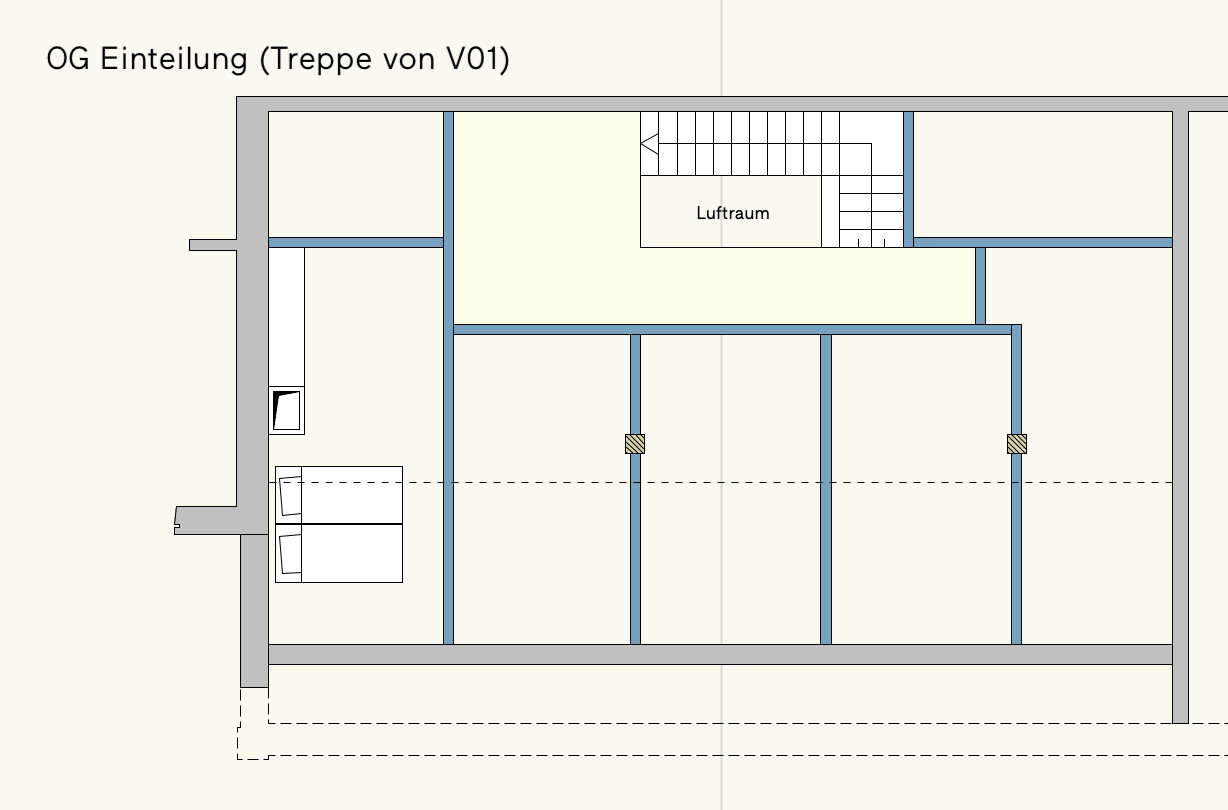 Grundriss eines Obergeschosses mit Treppe, Luftraum und Schlafräumen.