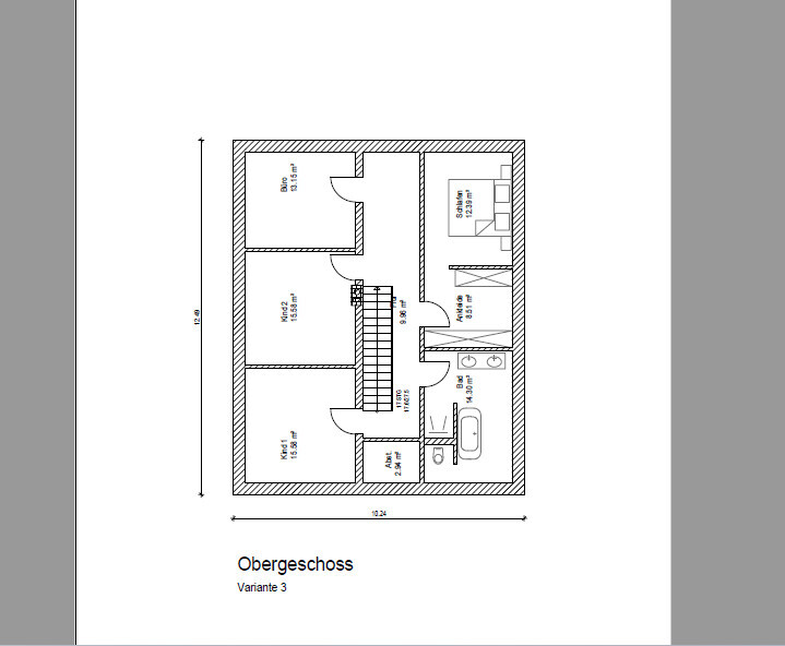 Grundriss des Obergeschosses mit Treppe in der Mitte, Flur, mehreren Zimmern und Bad.