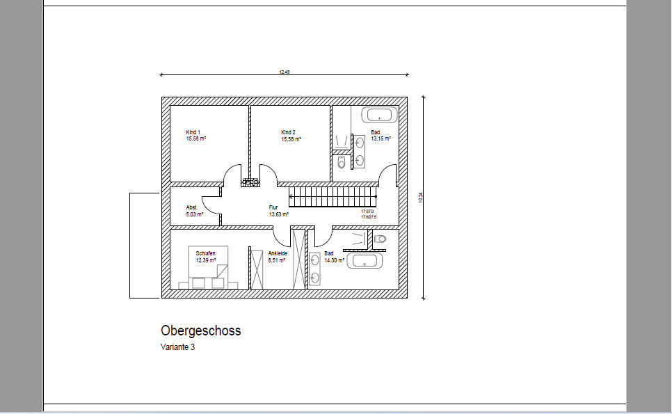 Grundriss Obergeschoss: zwei Kinderzimmer, Schlafzimmer mit Ankleide, zwei Bäder, Flur.