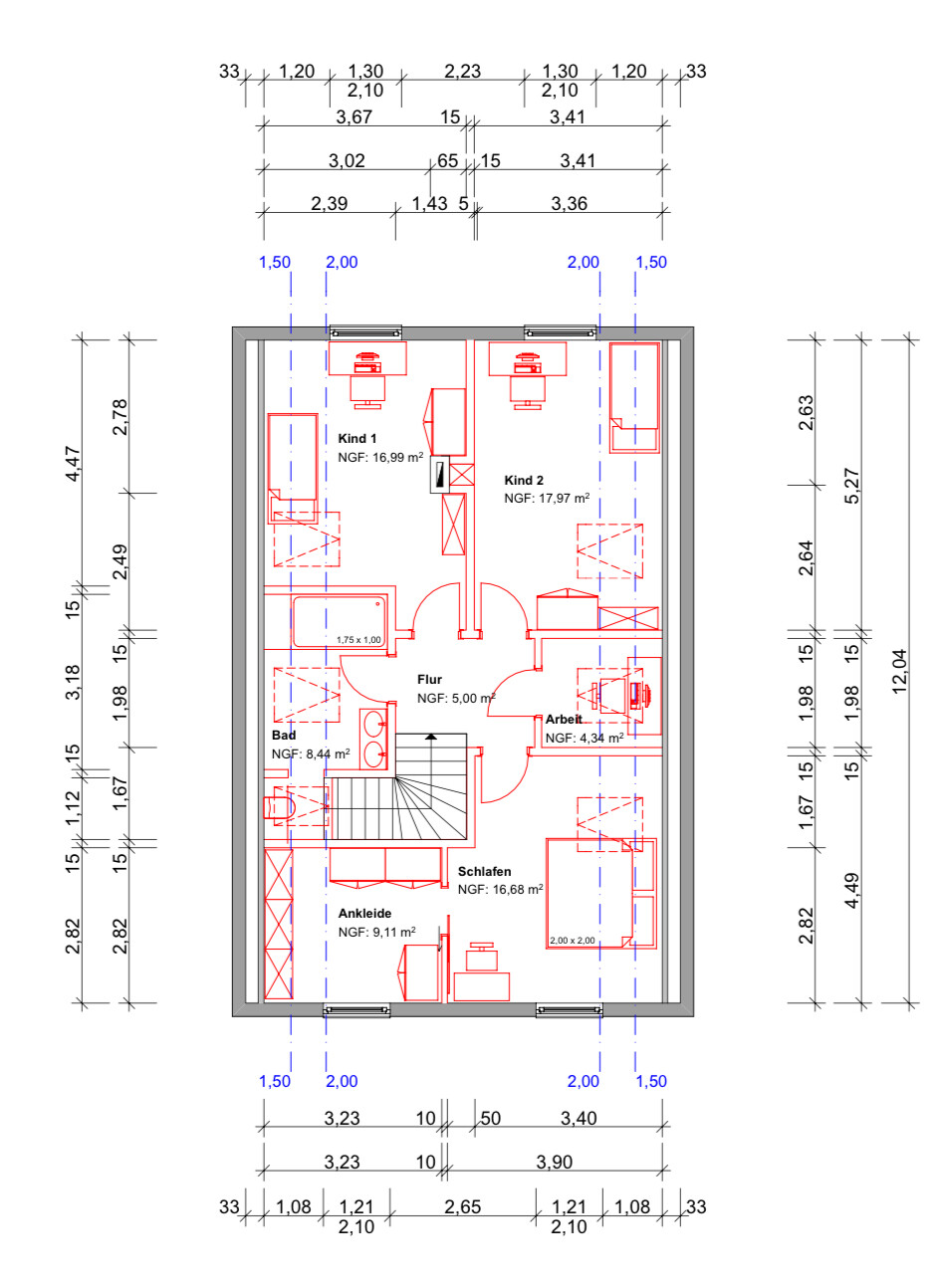Grundriss eines Wohnplans mit zwei Kinderzimmern, Schlafen, Ankleide, Bad, Flur und Arbeitsbereich.