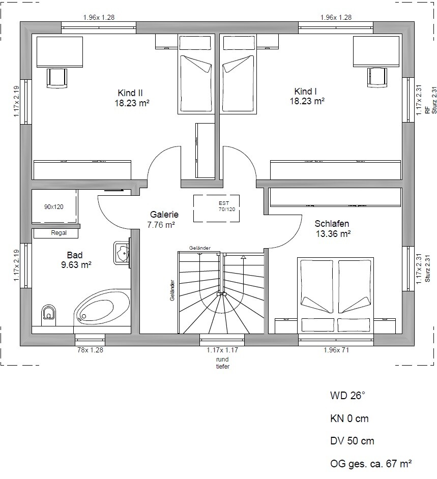 Obergeschoss-Grundriss: zwei Kinderzimmer, Schlafen, Bad, Galerie und Treppe.